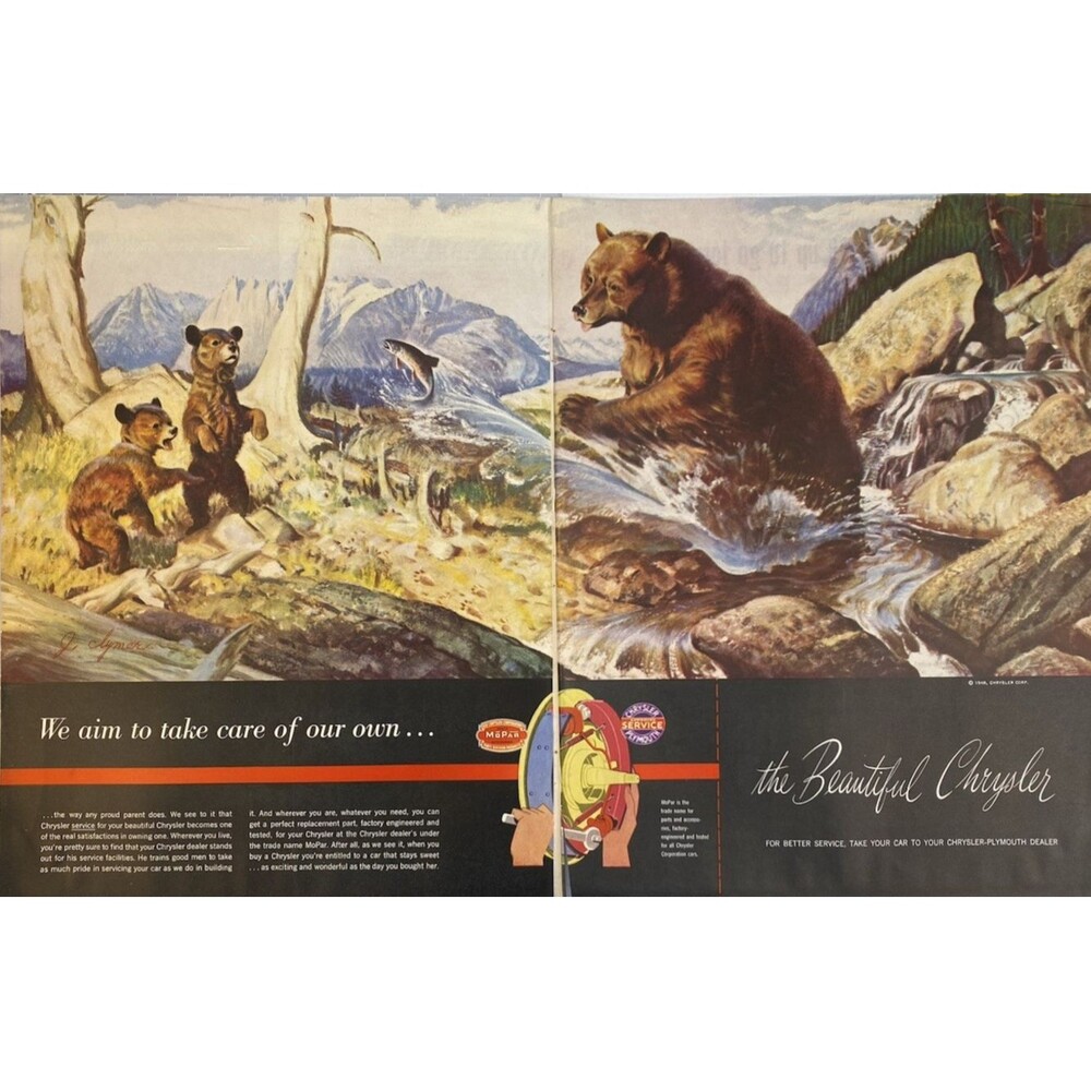Chrysler Service "We Aim to Take Care of Our Own" 2-page Bear Cub Scene Ad 1948